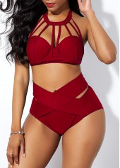 Wine Red swimwear,Plain Color swimwear,ROTITA Cross Front Cage Neck High Waist Bikini Set
