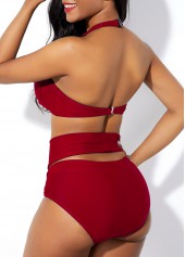 Wine Red swimwear,Plain Color swimwear,ROTITA Cross Front Cage Neck High Waist Bikini Set