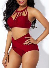 Wine Red swimwear,Plain Color swimwear,ROTITA Cross Front Cage Neck High Waist Bikini Set