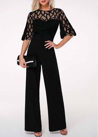peplum waist scalloped neckline lace panel black jumpsuit