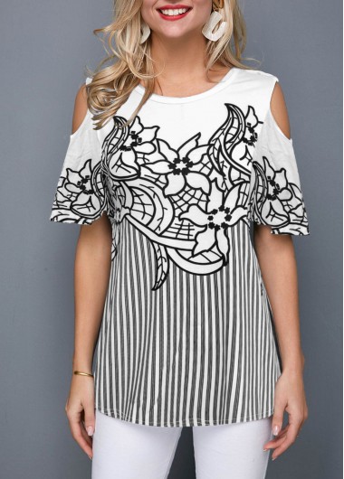 Black tops,Striped tops,ROTITA Cold Shoulder Flower Print Striped Blouse