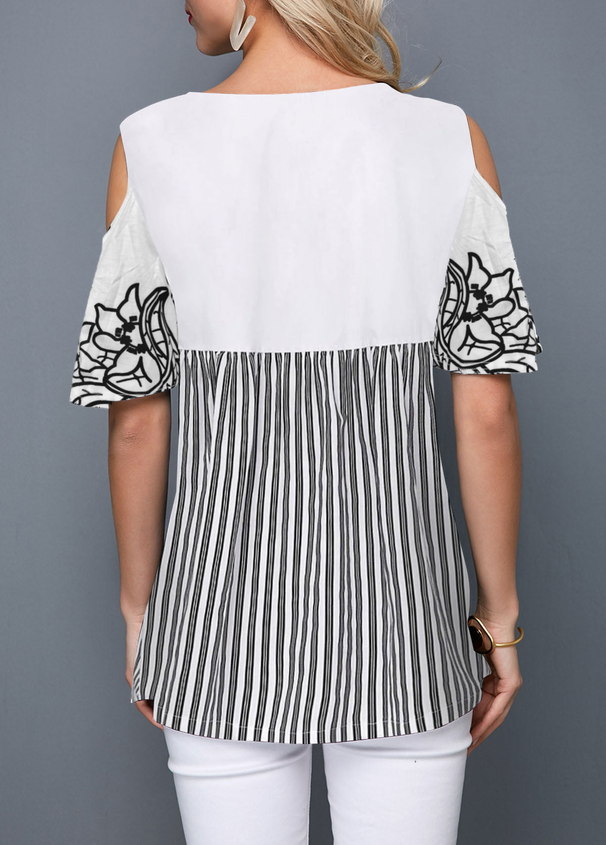 Black tops,Striped tops,ROTITA Cold Shoulder Flower Print Striped Blouse