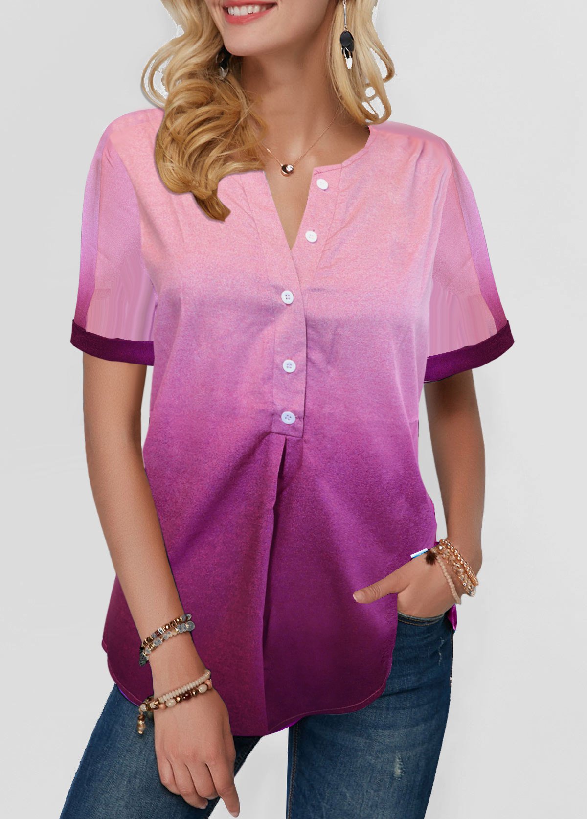 Orange tops,Contrast Color tops,ROTITA Button Detail Split Neck Dazzle Color Blouse