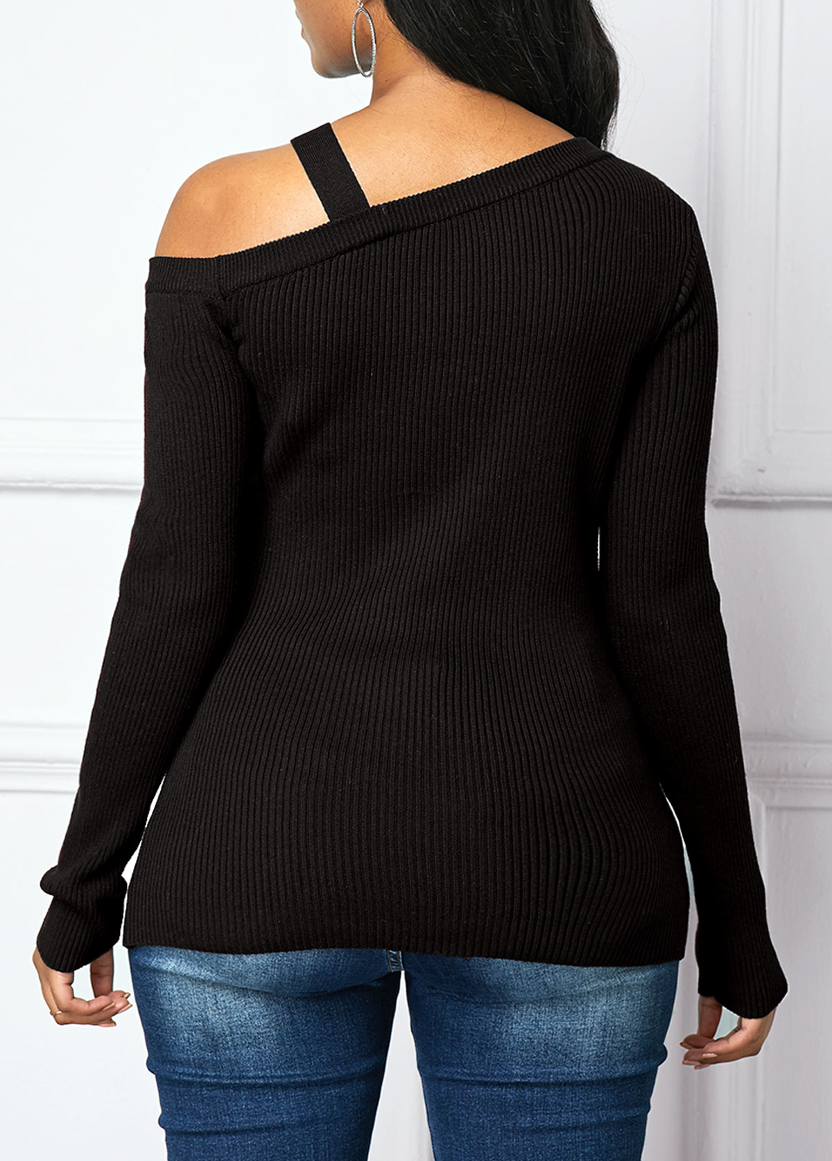 Black tops,Plain Color tops,Long Sleeve Cold Shoulder Black Sweater