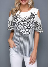 Gestreifte Bluse mit schulterfreiem Blumenprint von Rotita