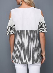 Black tops,Striped tops,ROTITA Cold Shoulder Flower Print Striped Blouse
