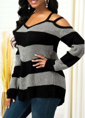 Multi Color tops,Striped tops,ROTITA Color Block Long Sleeve Cold Shoulder Sweater