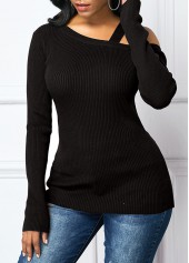 Black tops,Plain Color tops,Long Sleeve Cold Shoulder Black Sweater