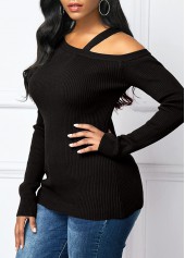 Black tops,Plain Color tops,Long Sleeve Cold Shoulder Black Sweater