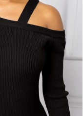 Black tops,Plain Color tops,Long Sleeve Cold Shoulder Black Sweater