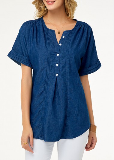Denim Blue tops,Plain Color tops,ROTITA Split Neck Short Sleeve Button Detail Denim Blouse
