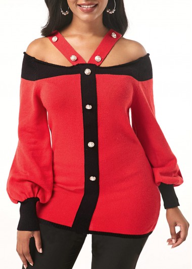 Red tops,Contrast Color tops,ROTITA Cold Shoulder Pearl Embellished Blouson Sleeve Sweater