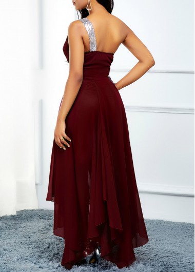 Wine Red dresses,Plain Color dresses,ROTITA High Waist One Shoulder Asymmetric Hem Dress