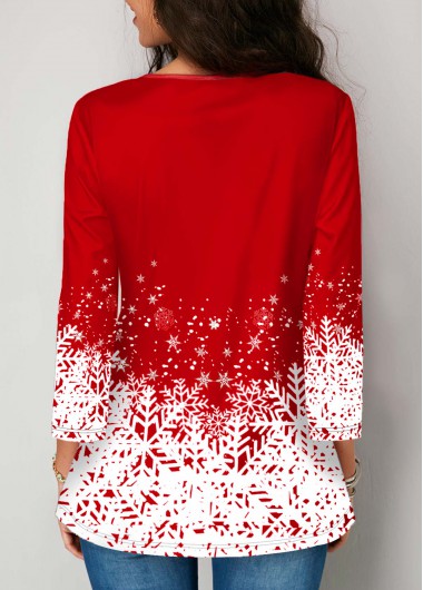 Red tops,Floral tops,ROTITA Christmas Snowflake Print 3/4 sleeve Button Front Blouse