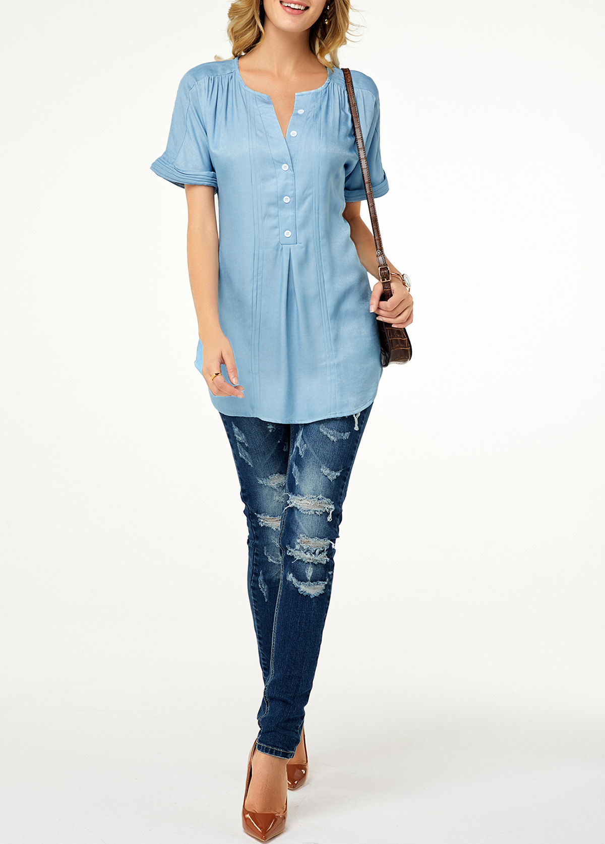 Plain Color tops,ROTITA Roll Sleeve Button Front Split Neck Denim Blouse
