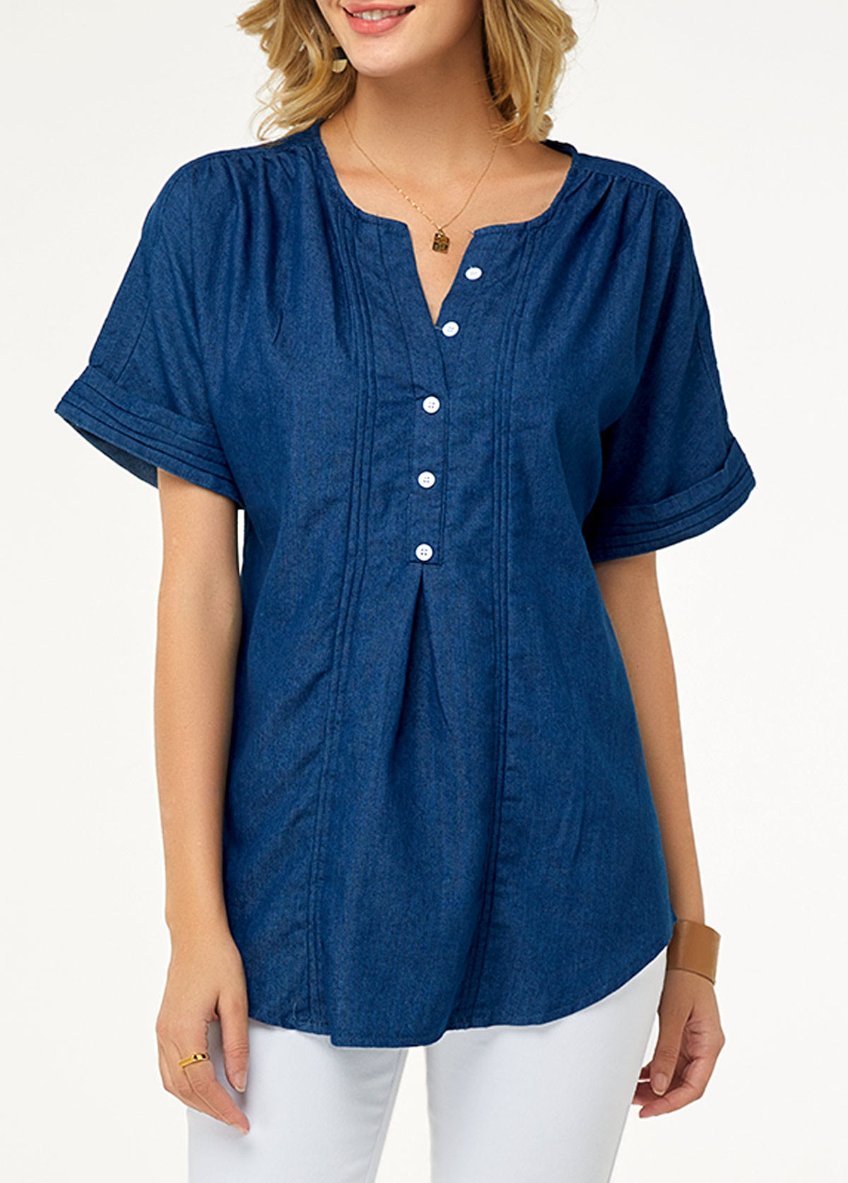Denim Blue tops,Plain Color tops,ROTITA Split Neck Short Sleeve Button Detail Denim Blouse