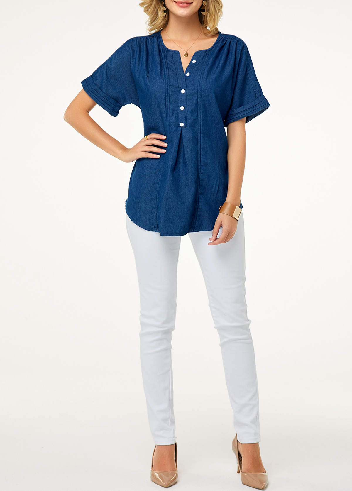 Denim Blue tops,Plain Color tops,ROTITA Split Neck Short Sleeve Button Detail Denim Blouse