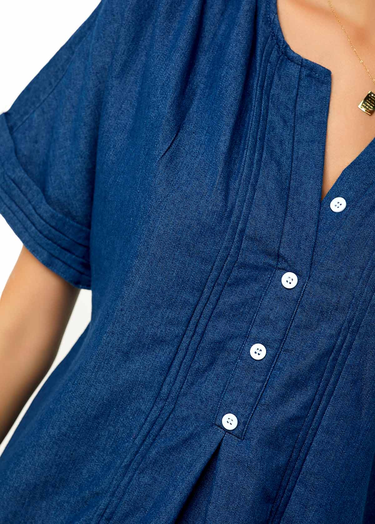 Denim Blue tops,Plain Color tops,ROTITA Split Neck Short Sleeve Button Detail Denim Blouse
