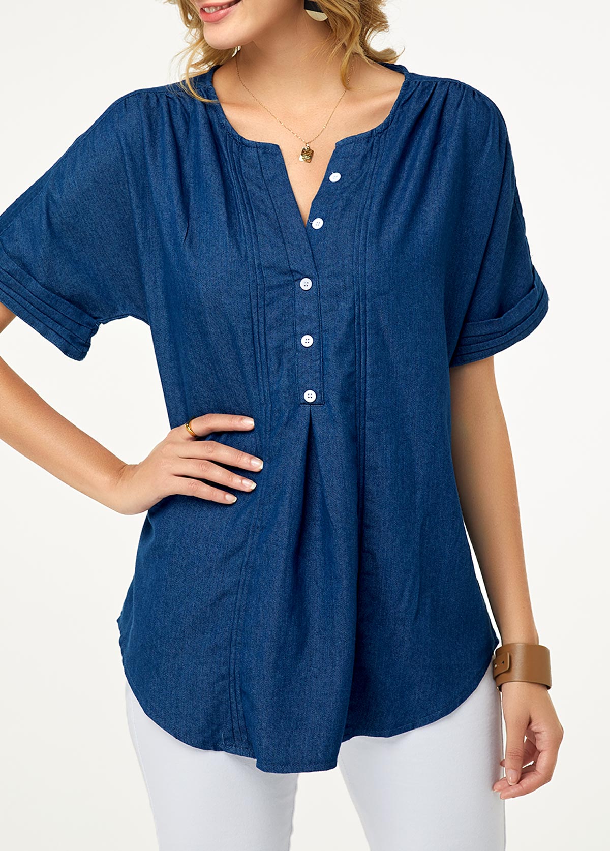 Denim Blue tops,Plain Color tops,ROTITA Split Neck Short Sleeve Button Detail Denim Blouse