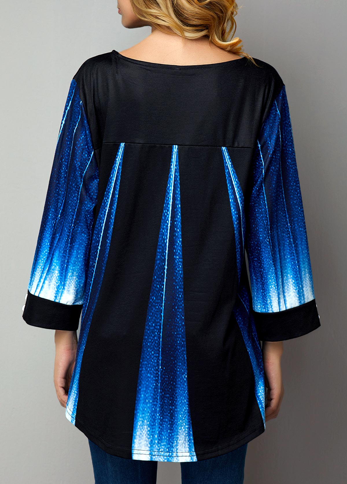 Blue tops,Floral tops,ROTITA Gradient Button Detail Printed Round Neck T Shirt