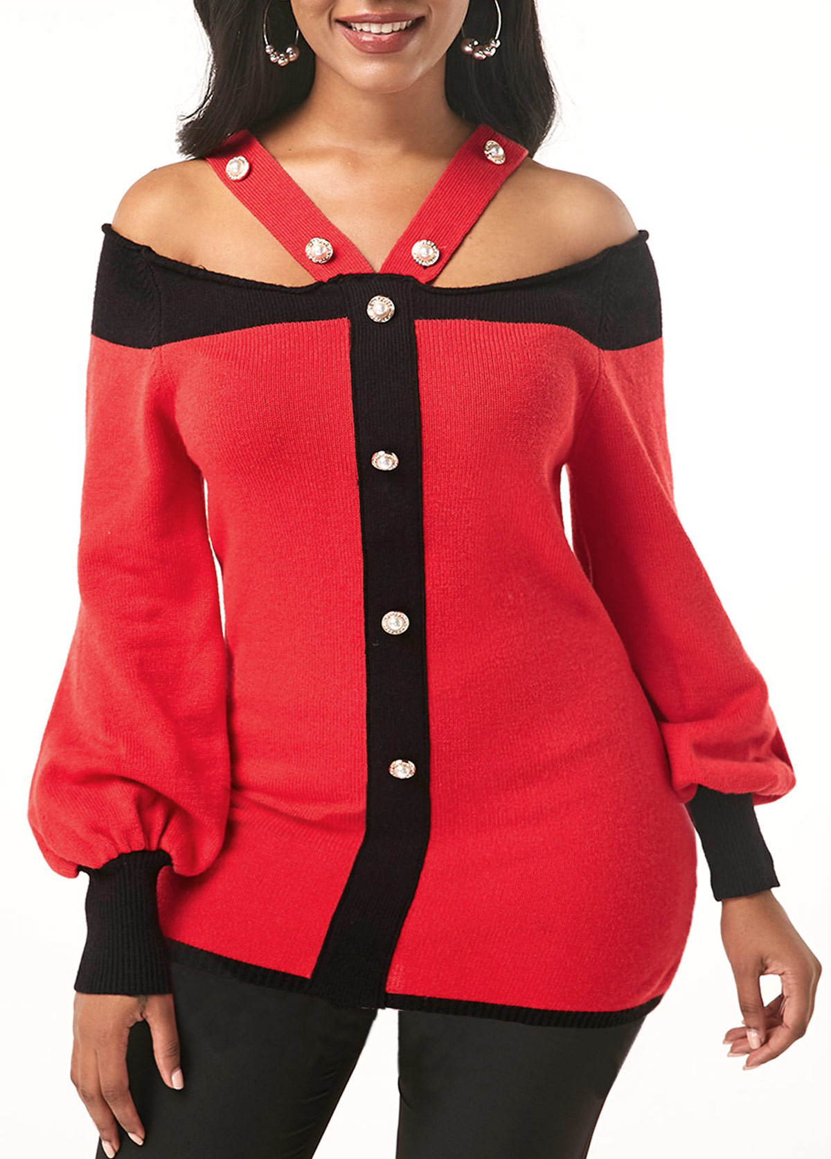 ROTITA Cold Shoulder Pearl Embellished Blouson Sleeve Sweater