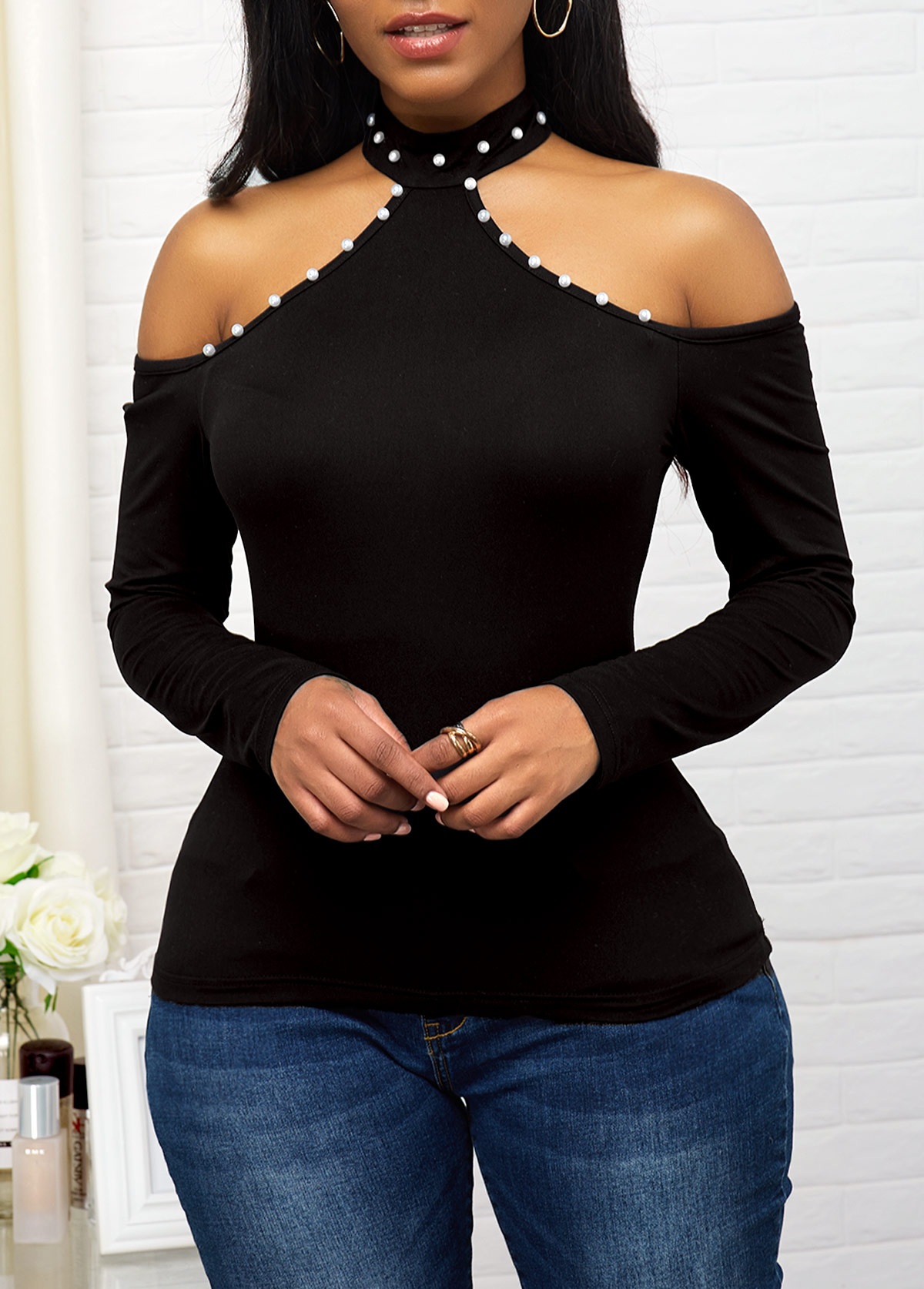 black high neck cold shoulder top