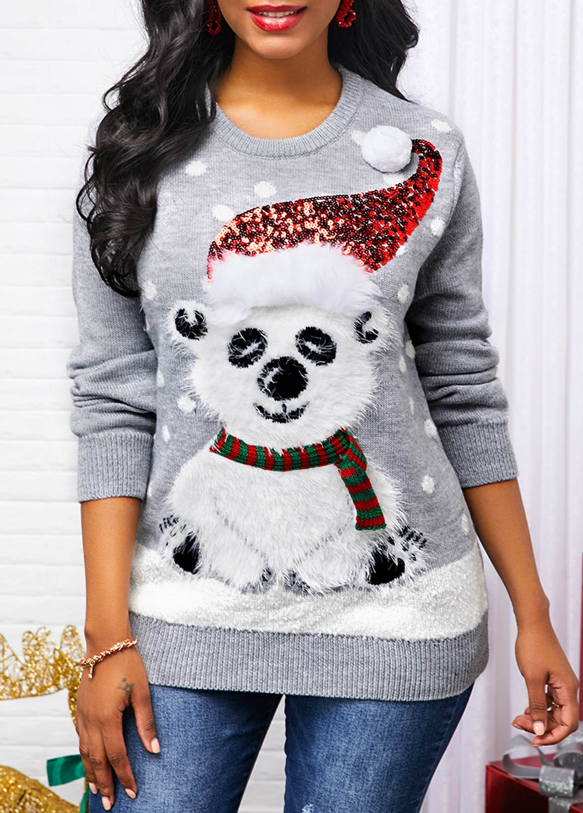 Christmas Pattern Sequin Embellished Long Sleeve Sweater