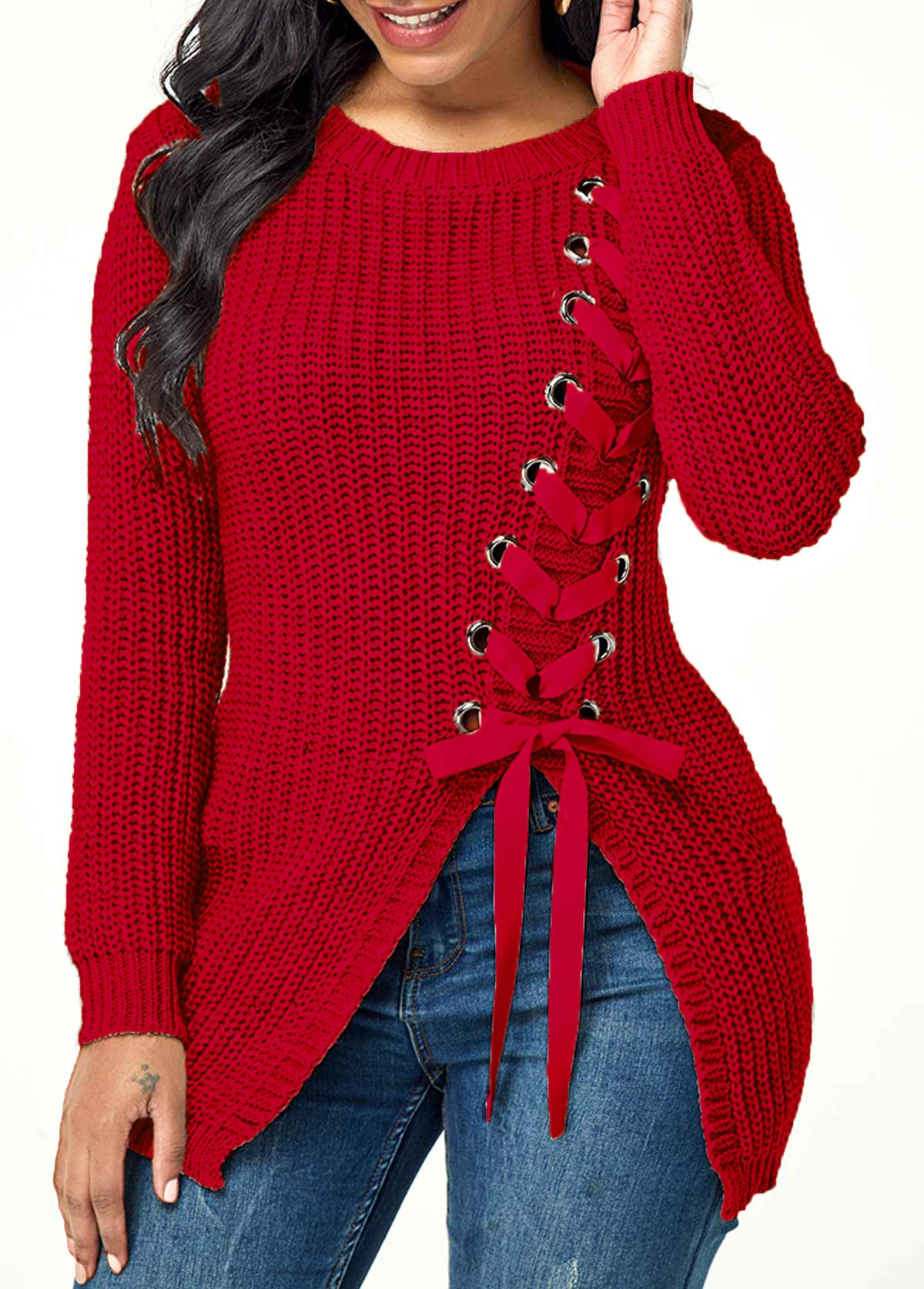 Lace Up Long Sleeve Split Front Sweater
