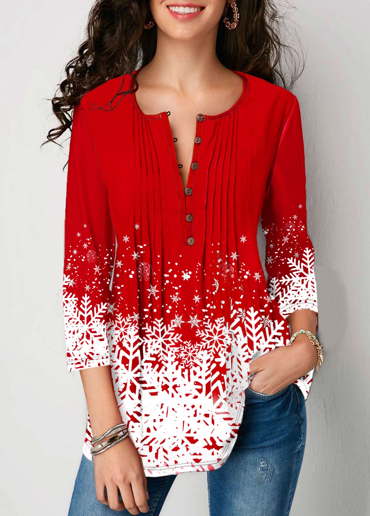 ROTITA Christmas Snowflake Print 3/4 sleeve Button Front Blouse