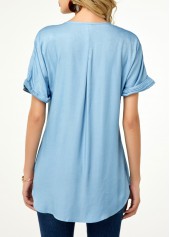 Plain Color tops,ROTITA Patchwork Split Neck Short Sleeve Blouse