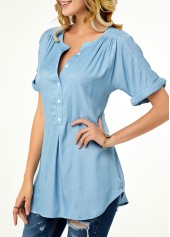 Plain Color tops,ROTITA Patchwork Split Neck Short Sleeve Blouse