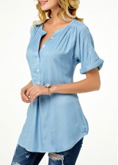 Plain Color tops,ROTITA Patchwork Split Neck Short Sleeve Blouse