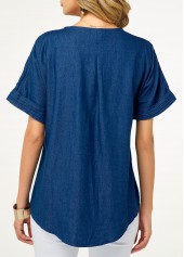 Denim Blue tops,Plain Color tops,ROTITA Split Neck Short Sleeve Button Detail Denim Blouse