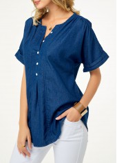 Denim Blue tops,Plain Color tops,ROTITA Split Neck Short Sleeve Button Detail Denim Blouse