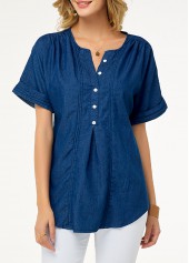ROTITA Split Neck Short Sleeve Button Detail Denim Blouse