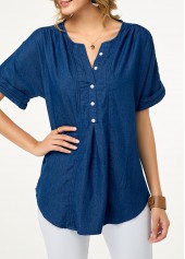 Denim Blue tops,Plain Color tops,ROTITA Split Neck Short Sleeve Button Detail Denim Blouse