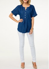 Denim Blue tops,Plain Color tops,ROTITA Split Neck Short Sleeve Button Detail Denim Blouse