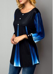 Blue tops,Ombre tops,ROTITA Patchwork Floral Print Blue Fake Two Piece Twinset