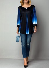 Blue tops,Ombre tops,ROTITA Patchwork Floral Print Blue Fake Two Piece Twinset