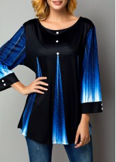 Blue tops,Ombre tops,ROTITA Patchwork Floral Print Blue Fake Two Piece Twinset