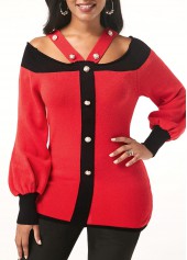 Red tops,Contrast Color tops,ROTITA Cold Shoulder Pearl Embellished Blouson Sleeve Sweater