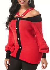 Red tops,Contrast Color tops,ROTITA Cold Shoulder Pearl Embellished Blouson Sleeve Sweater