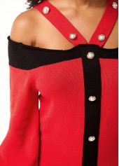 Red tops,Contrast Color tops,ROTITA Cold Shoulder Pearl Embellished Blouson Sleeve Sweater