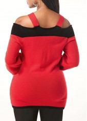 Red tops,Contrast Color tops,ROTITA Cold Shoulder Pearl Embellished Blouson Sleeve Sweater
