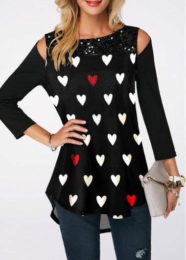 ROTITA Heart Print Sequin Embellished Cold Shoulder T Shirt.