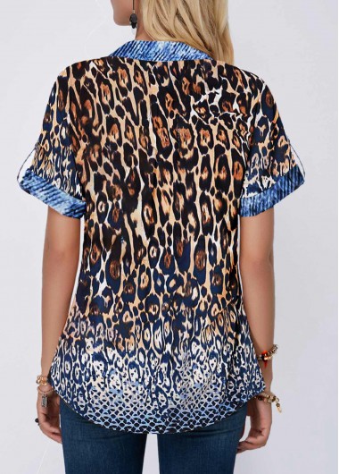 Multi Color tops,Leopard tops,ROTITA Turndown Collar Button Front Leopard Print Blouse