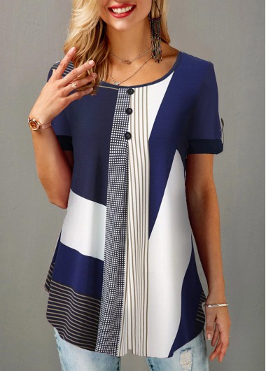 Blue tops,Geometric tops,ROTITA Geometric Print Round Neck Button Detail Blouse