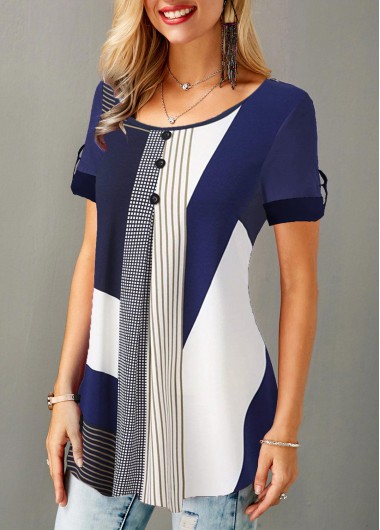 Blue tops,Geometric tops,ROTITA Geometric Print Round Neck Button Detail Blouse