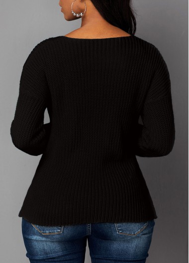 Black tops,Plain Color tops,Asymmetric Hem Black Cutout Front Sweater