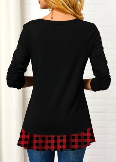 Black tops,Plaid tops,ROTITA Button Embellished Plaid Print V Neck T Shirt